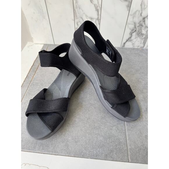 Clarks Collection Comfort Wedge Sandals Size 9.5 Black Velcro Stretch Straps - Picture 3 of 7